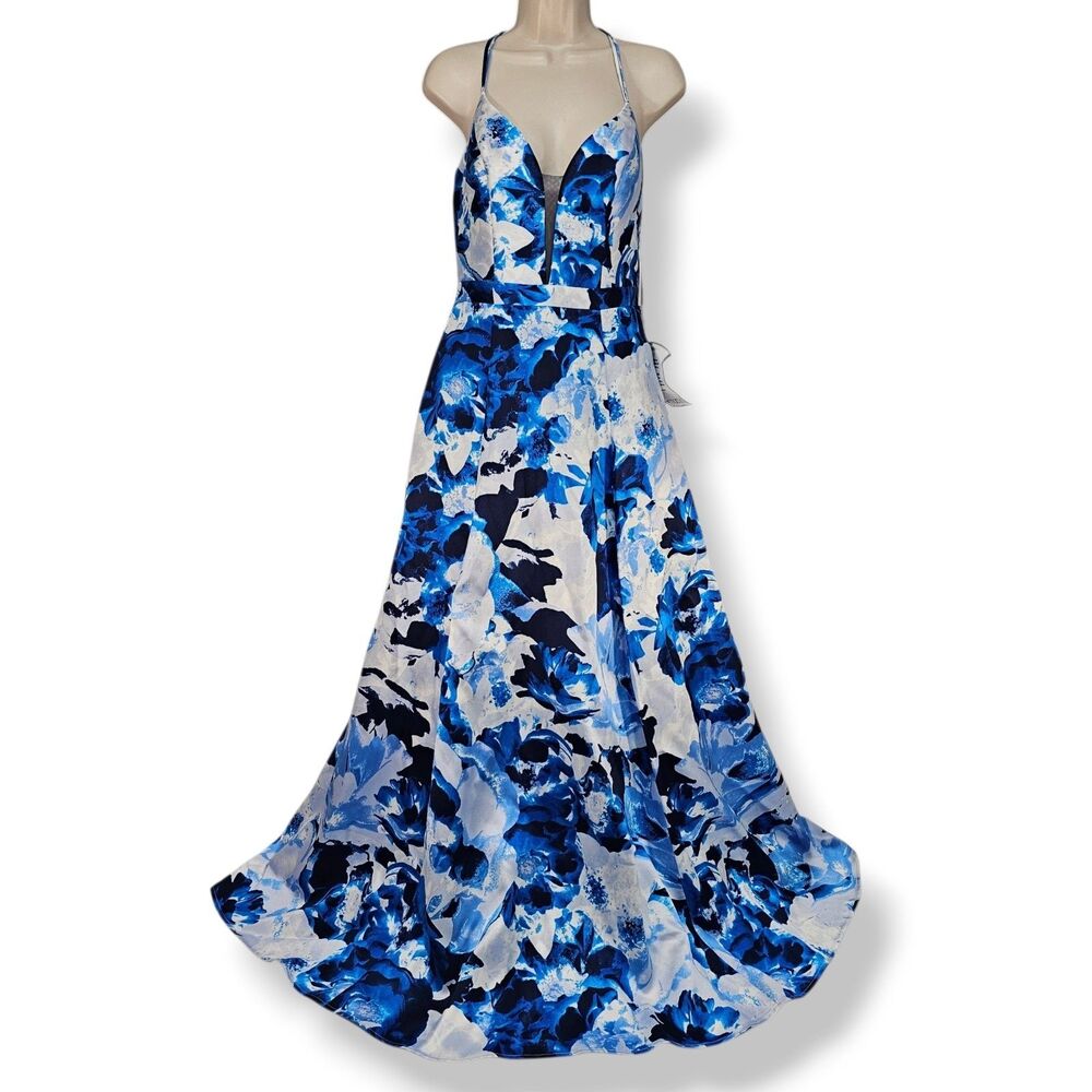 Sequin Hearts Blue Ivory Floral Satin Prom Dress NWT Juniors 11 Pocket Ball Gown